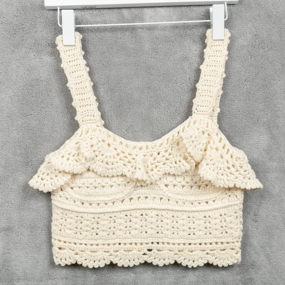 SEA NEW YORK Crochet Ruffle Button Back Wool Tank Top Coquette Festival Cream S